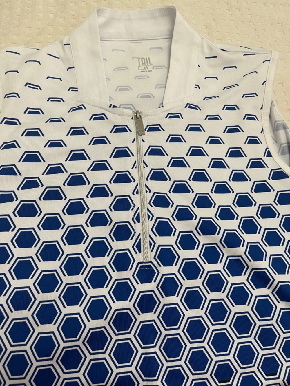 Tail White & Blue Hex Print Zip-Front Sleeveless Polo